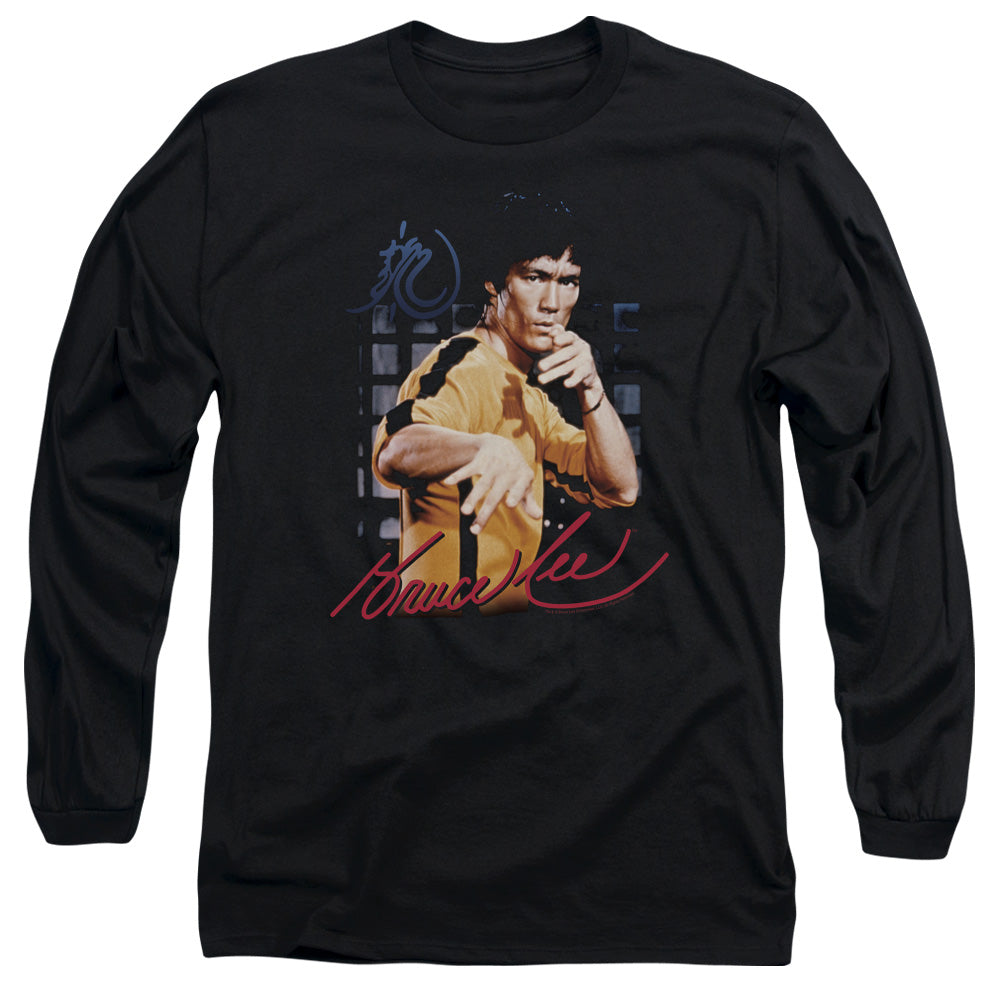 AN OFFCIALLY LICENSED BRUCE LEE YELLOW JUMPSUIT MEN'S LONG SLEEVE T-SHIRT BLACK