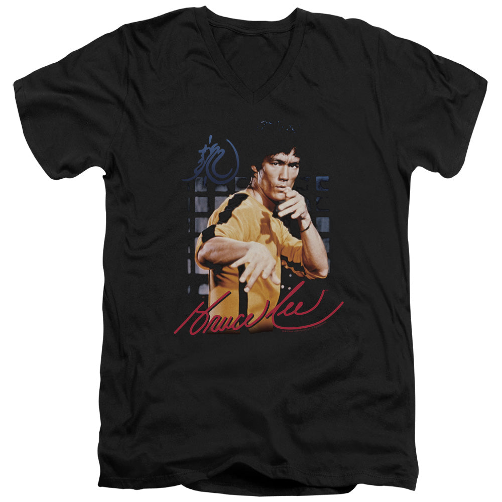 AN OFFCIALLY LICENSED BRUCE LEE YELLOW JUMPSUIT MEN'S V-NECK T-SHIRT BLACK