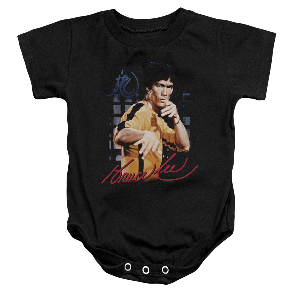 AN OFFCIALLY LICENSED BRUCE LEE YELLOW JUMPSUIT BABY BODYSUIT BLACK