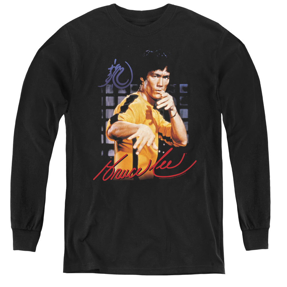 AN OFFCIALLY LICENSED BRUCE LEE YELLOW JUMPSUIT YOUTH LONG SLEEVE T-SHIRT BLACK