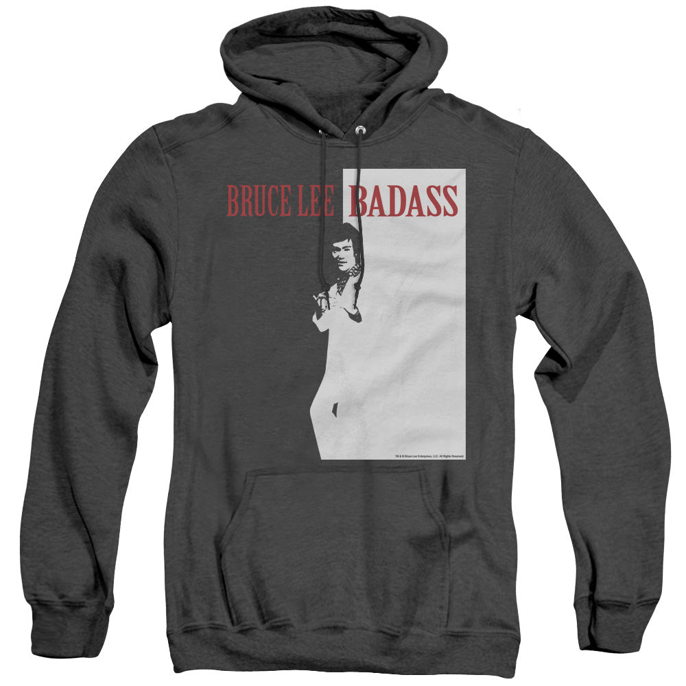 AN OFFCIALLY LICENSED BRUCE LEE BADASS ADULT UNISEX HEATHER PULLOVER HOODIE BLACK