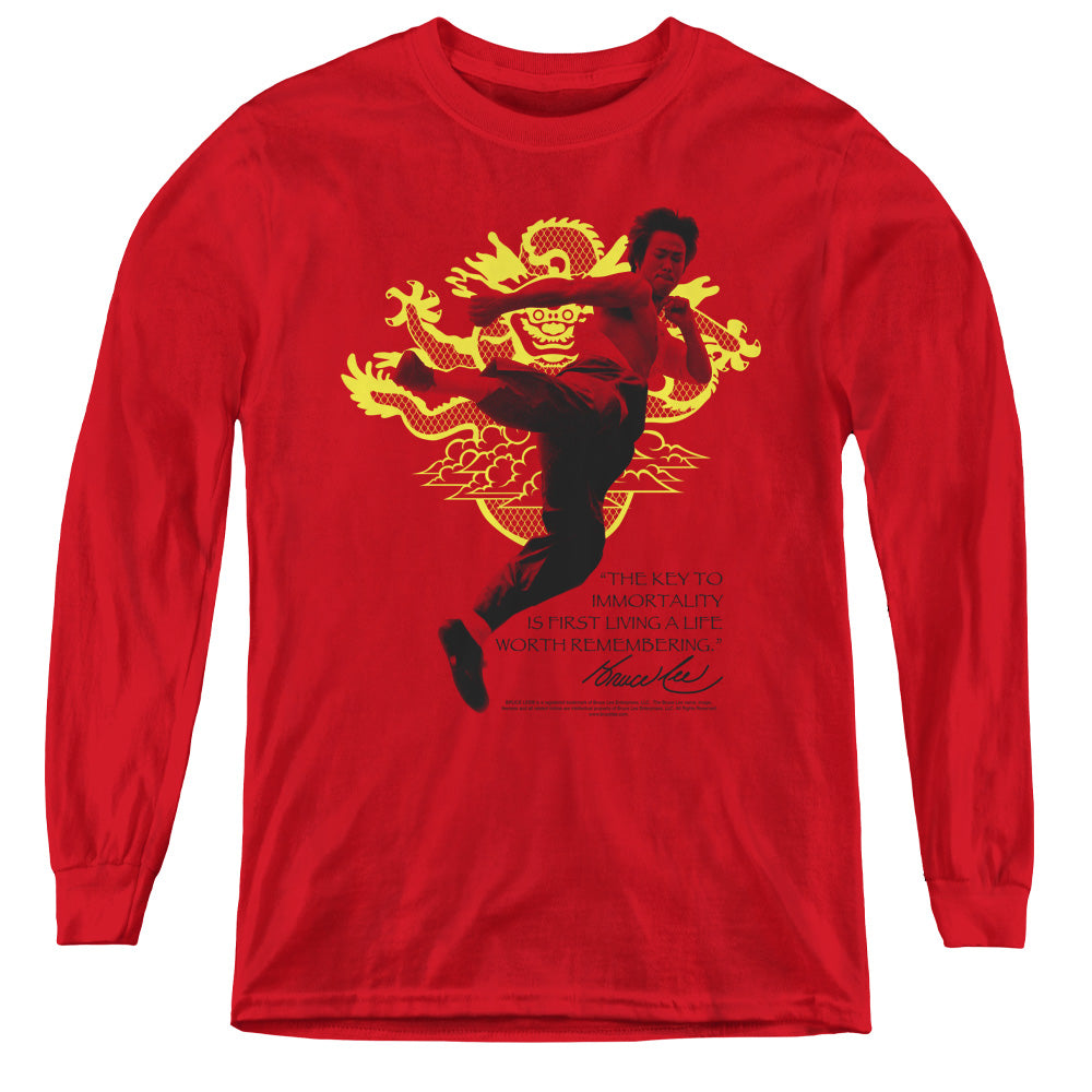 AN OFFCIALLY LICENSED BRUCE LEE IMMORTAL DRAGON YOUTH LONG SLEEVE T-SHIRT RED