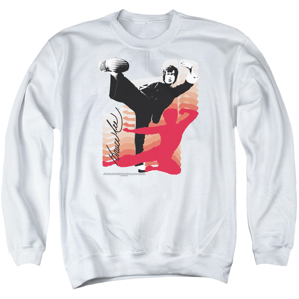 AN OFFCIALLY LICENSED BRUCE LEE KICK IT ADULT UNISEX CREWNECK SWEATSHIRT WHITE