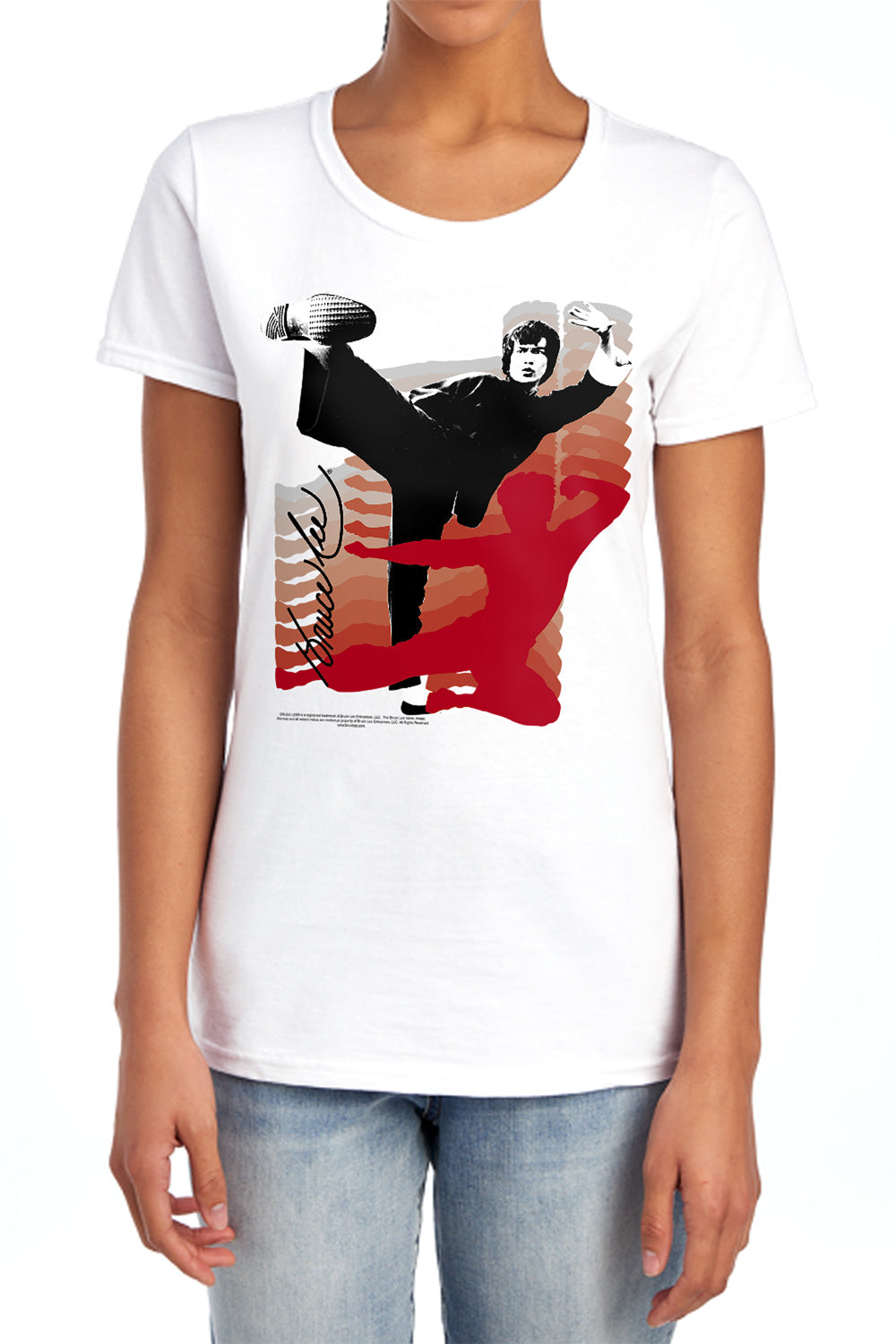 AN OFFCIALLY LICENSED BRUCE LEE KICK IT WOMEN'S REGULAR FIT T-SHIRT WHITE