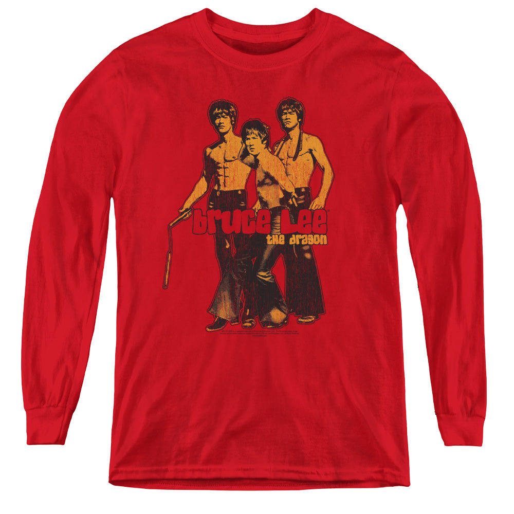 AN OFFCIALLY LICENSED BRUCE LEE NUNCHUCKS YOUTH LONG SLEEVE T-SHIRT RED