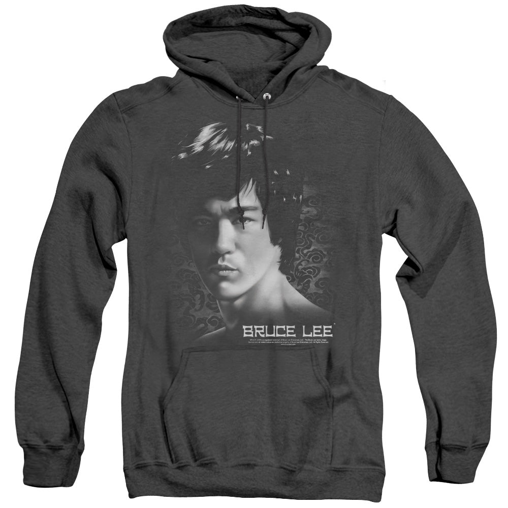AN OFFCIALLY LICENSED BRUCE LEE IN YOUR FACE ADULT UNISEX HEATHER PULLOVER HOODIE BLACK