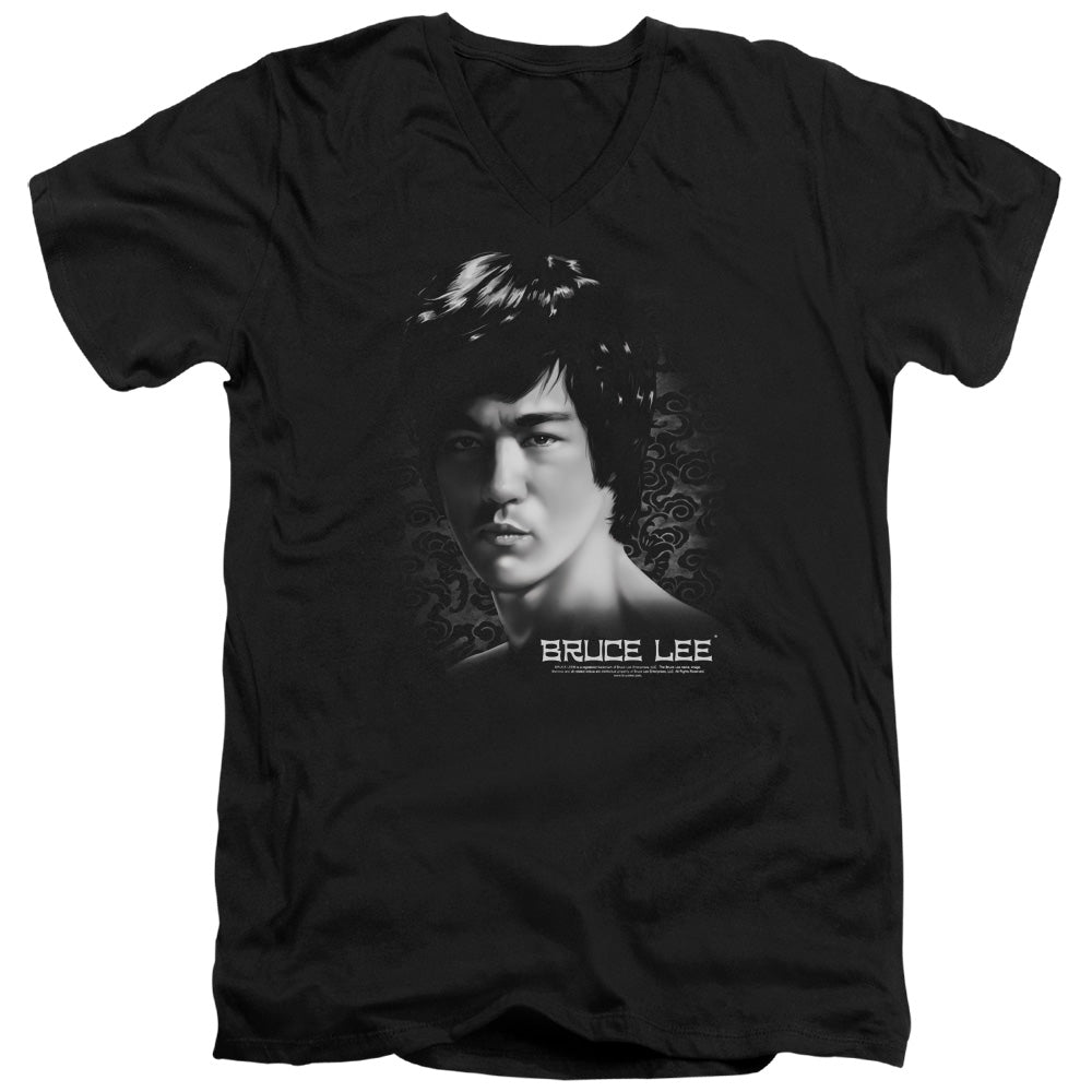 AN OFFCIALLY LICENSED BRUCE LEE IN YOUR FACE MEN'S V-NECK T-SHIRT BLACK
