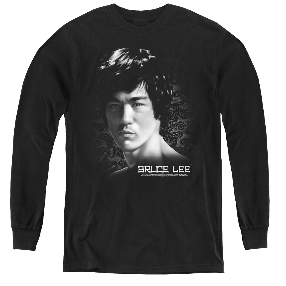 AN OFFCIALLY LICENSED BRUCE LEE IN YOUR FACE YOUTH LONG SLEEVE T-SHIRT BLACK