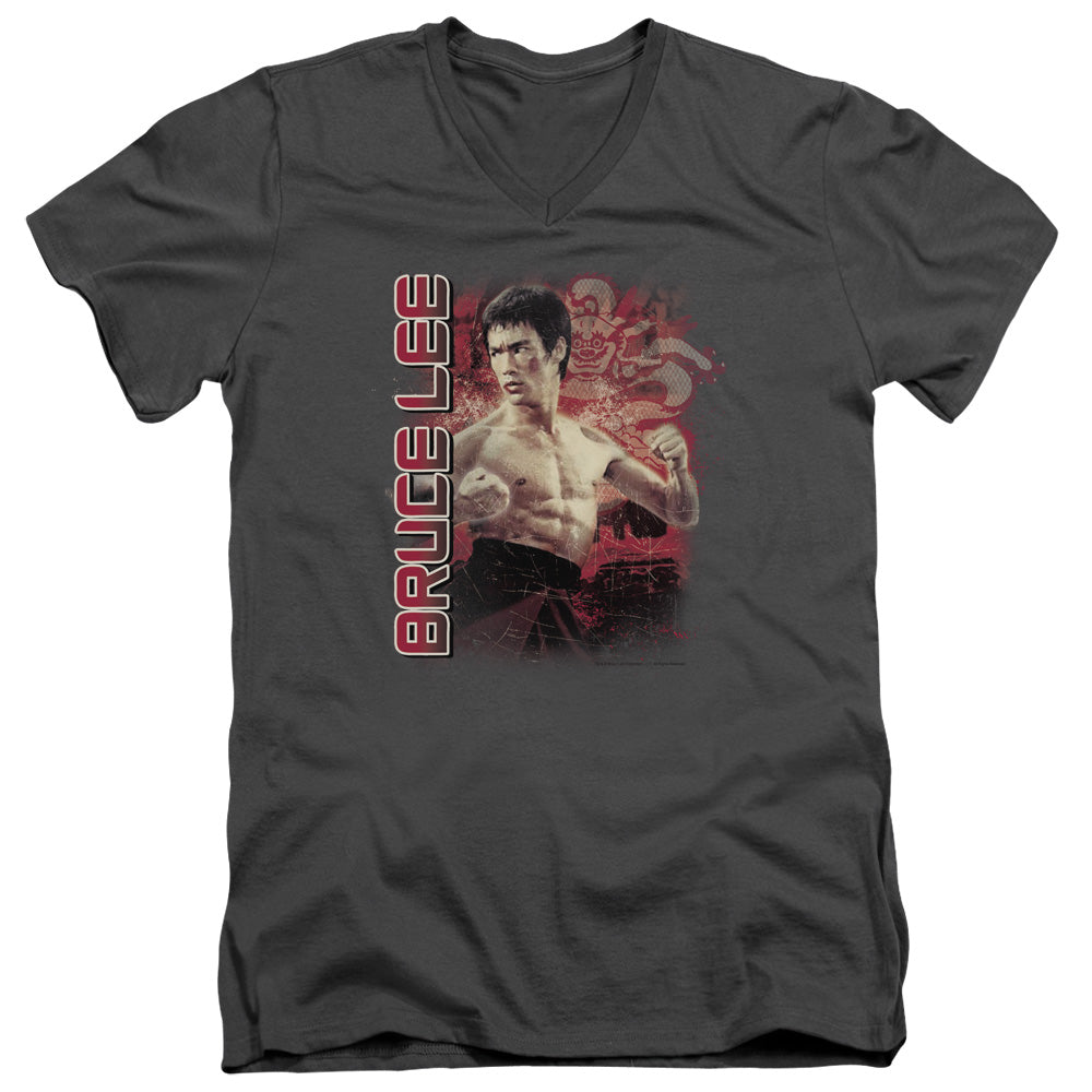 AN OFFCIALLY LICENSED BRUCE LEE FURY MEN'S V-NECK T-SHIRT CHARCOAL