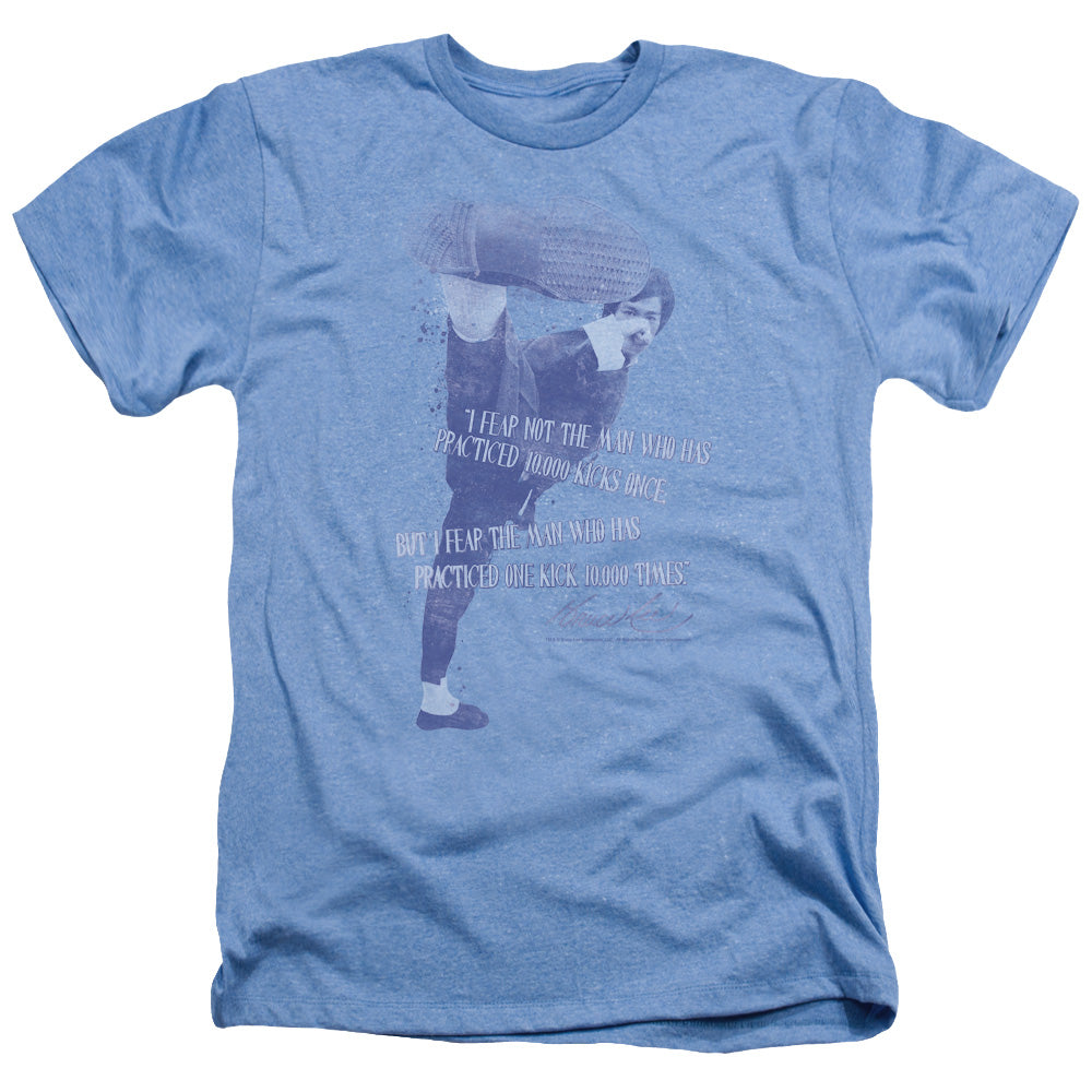 AN OFFCIALLY LICENSED BRUCE LEE 10,000 KICKS MEN'S HEATHER T-SHIRT LIGHT BLUE