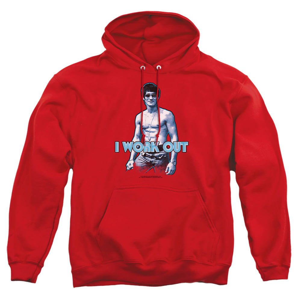 AN OFFCIALLY LICENSED BRUCE LEE LEE WORKS OUT ADULT UNISEX PULLOVER HOODIE RED