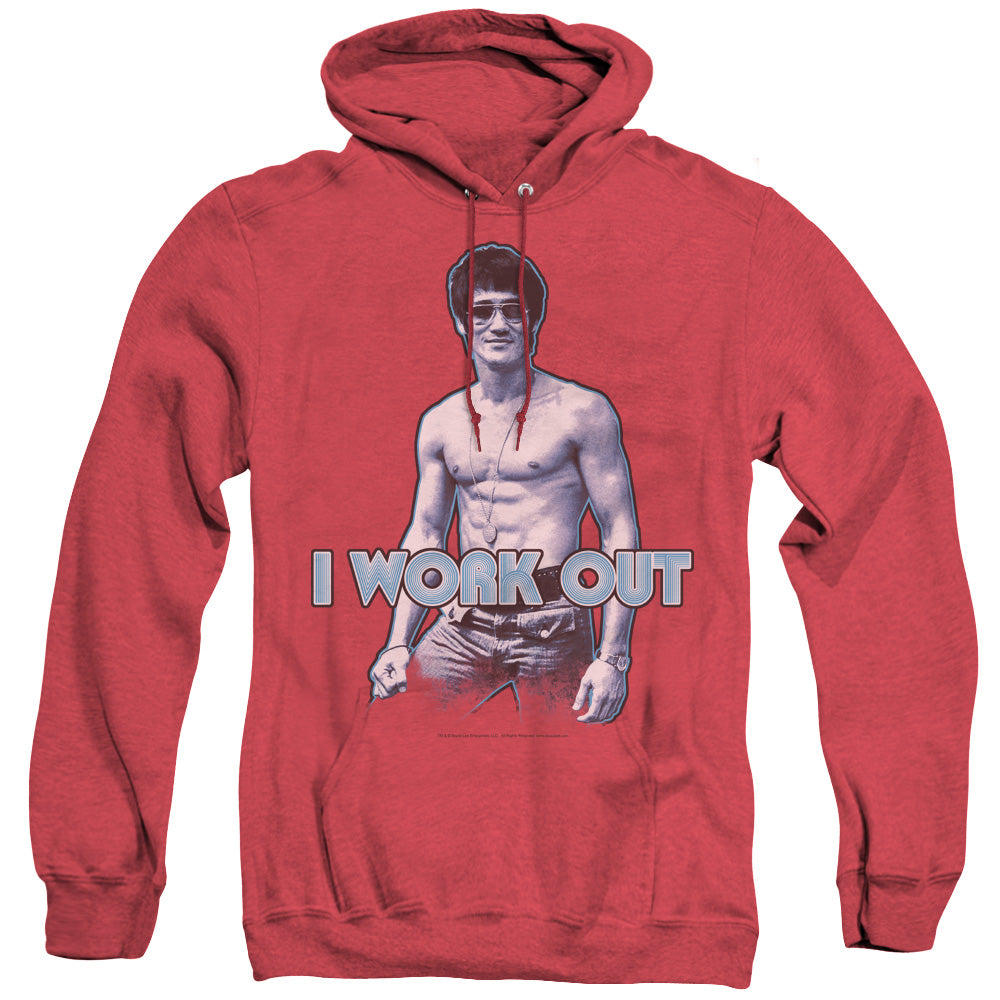 AN OFFCIALLY LICENSED BRUCE LEE LEE WORKS OUT ADULT UNISEX HEATHER PULLOVER HOODIE RED