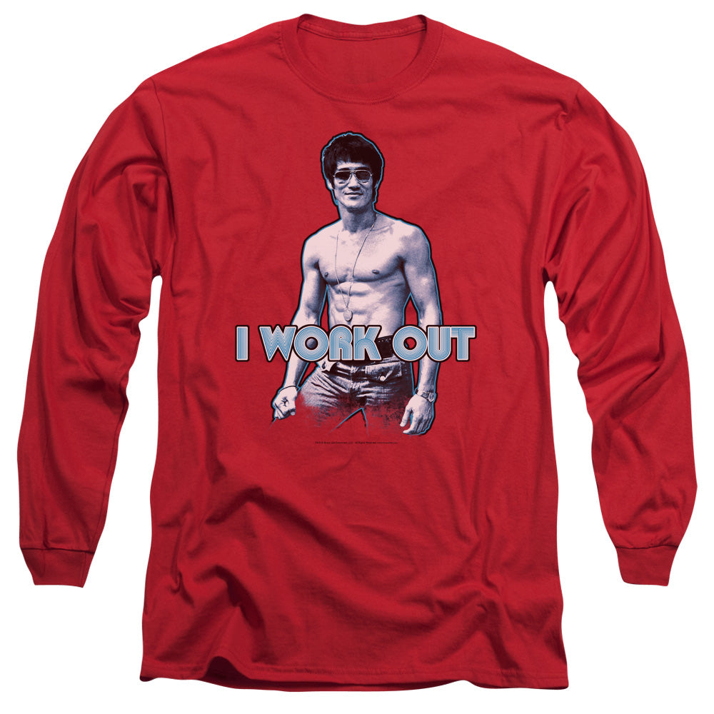 AN OFFCIALLY LICENSED BRUCE LEE LEE WORKS OUT MEN'S LONG SLEEVE T-SHIRT RED