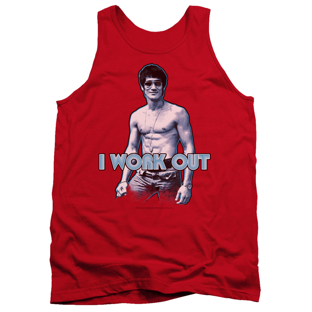 AN OFFCIALLY LICENSED BRUCE LEE LEE WORKS OUT ADULT UNISEX TANK TOP RED