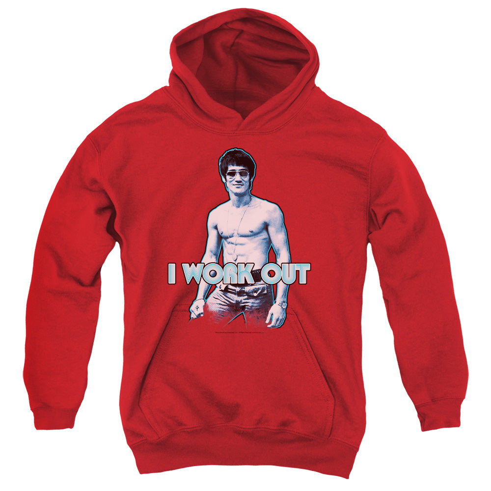 AN OFFCIALLY LICENSED BRUCE LEE LEE WORKS OUT YOUTH HOODIE RED