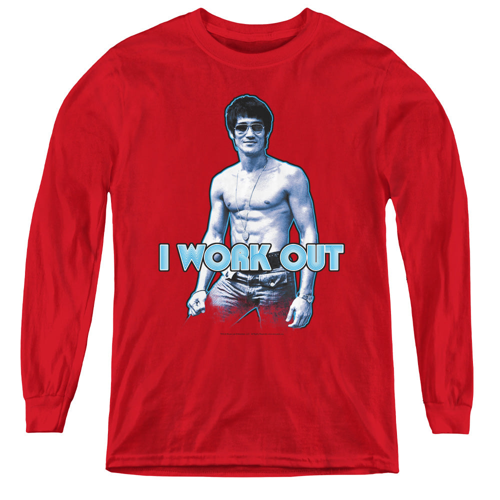 AN OFFCIALLY LICENSED BRUCE LEE LEE WORKS OUT YOUTH LONG SLEEVE T-SHIRT RED