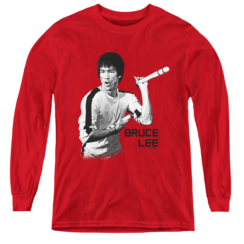 AN OFFCIALLY LICENSED BRUCE LEE NUNCHUCKS YOUTH LONG SLEEVE T-SHIRT RED