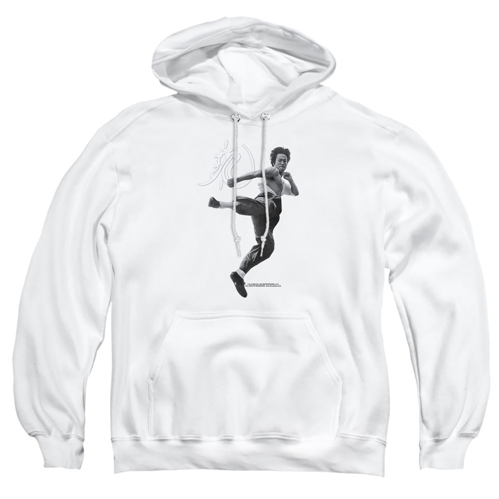 AN OFFCIALLY LICENSED BRUCE LEE FLYING KICK ADULT UNISEX PULLOVER HOODIE WHITE