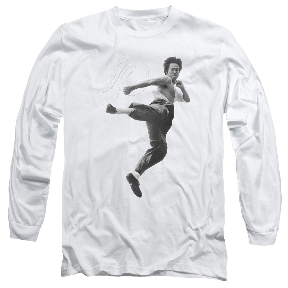 AN OFFCIALLY LICENSED BRUCE LEE FLYING KICK MEN'S LONG SLEEVE T-SHIRT WHITE
