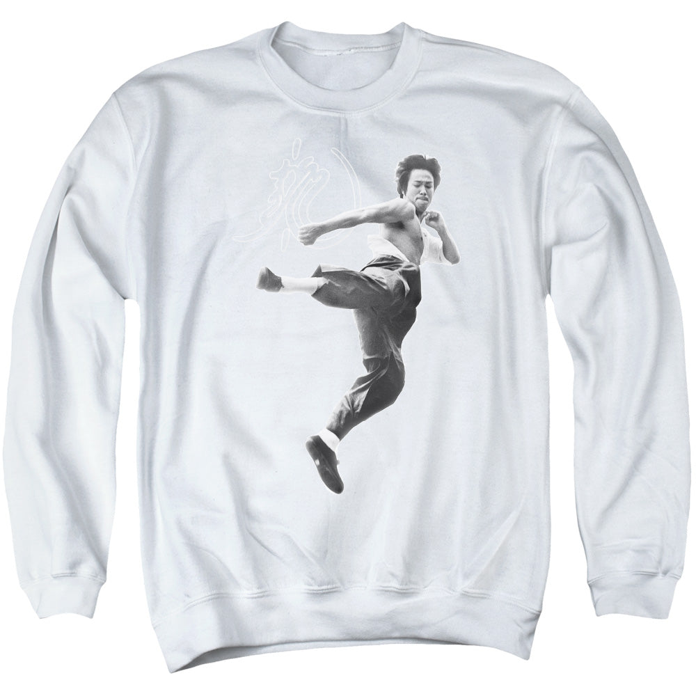AN OFFCIALLY LICENSED BRUCE LEE FLYING KICK ADULT UNISEX CREWNECK SWEATSHIRT WHITE
