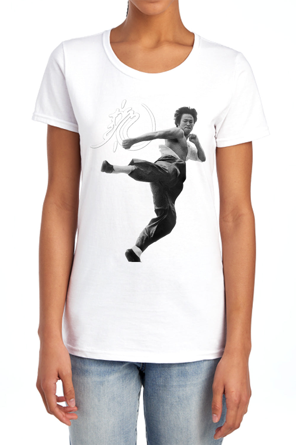 AN OFFCIALLY LICENSED BRUCE LEE FLYING KICK WOMEN'S REGULAR FIT T-SHIRT WHITE