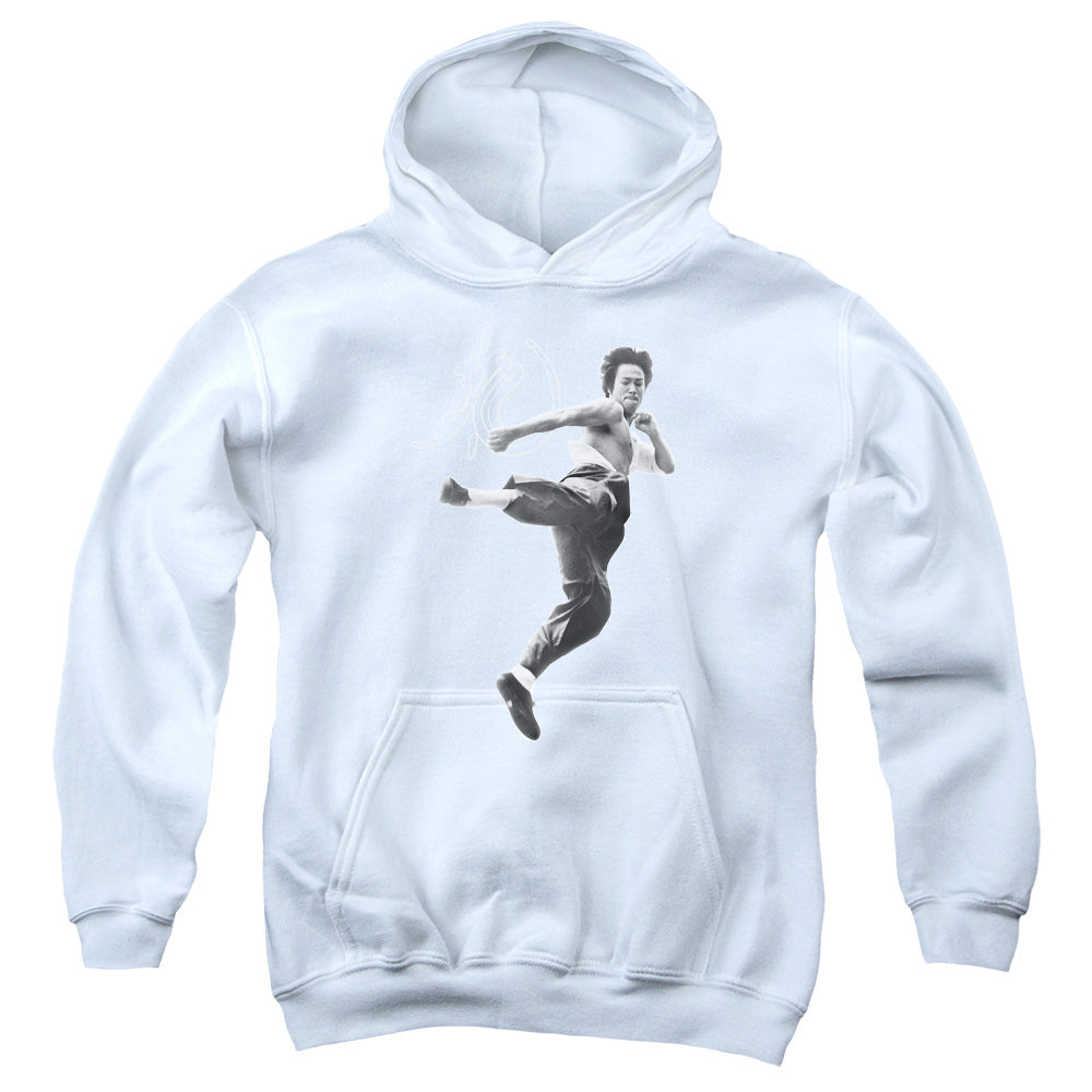 AN OFFCIALLY LICENSED BRUCE LEE FLYING KICK YOUTH HOODIE WHITE