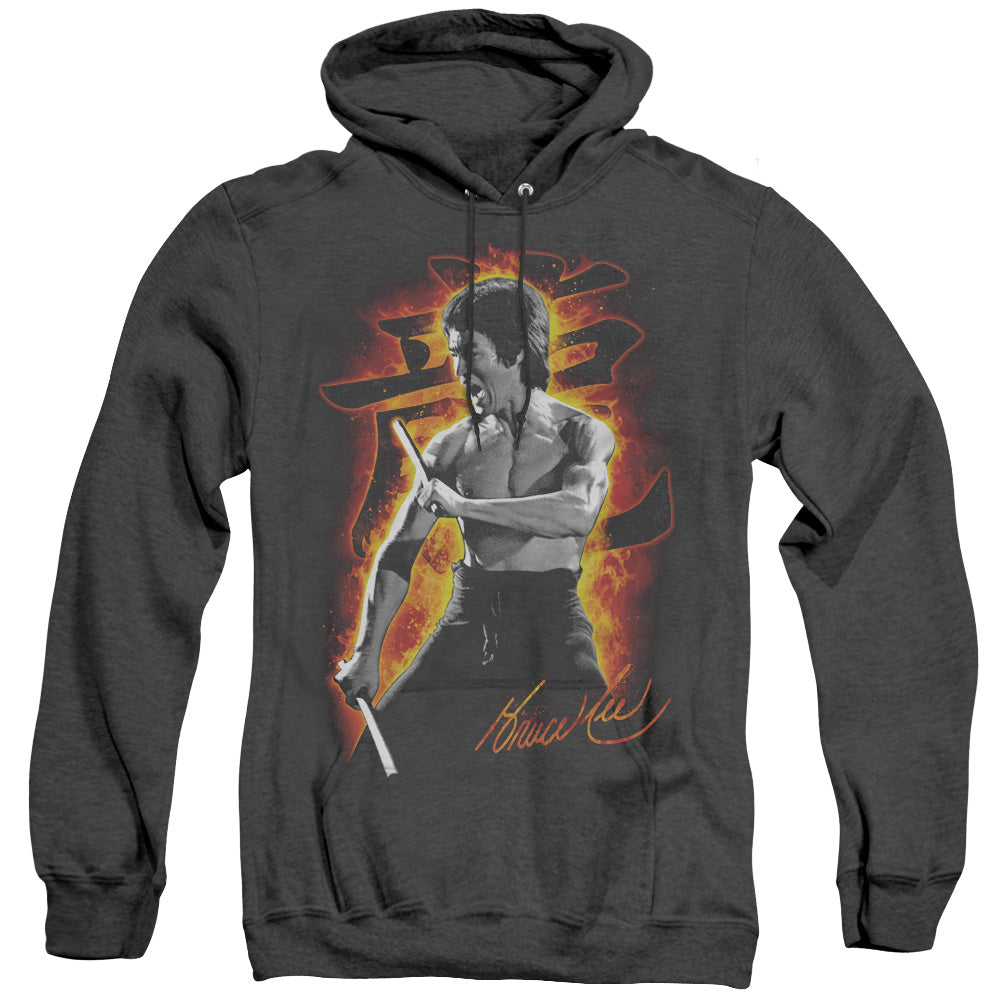 AN OFFCIALLY LICENSED BRUCE LEE DRAGON FIRE ADULT UNISEX HEATHER PULLOVER HOODIE BLACK