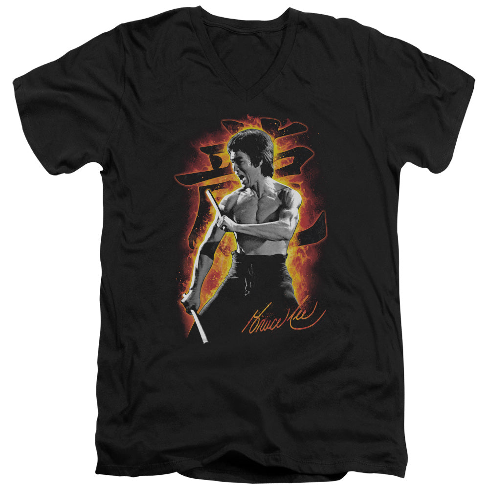 AN OFFCIALLY LICENSED BRUCE LEE DRAGON FIRE MEN'S V-NECK T-SHIRT BLACK