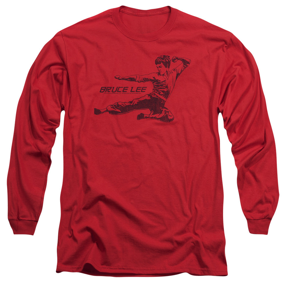 AN OFFCIALLY LICENSED BRUCE LEE LINE KICK MEN'S LONG SLEEVE T-SHIRT RED