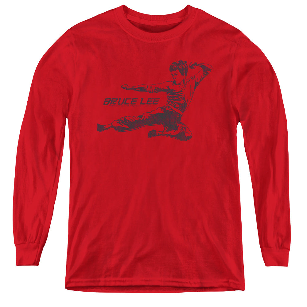 AN OFFCIALLY LICENSED BRUCE LEE LINE KICK YOUTH LONG SLEEVE T-SHIRT RED