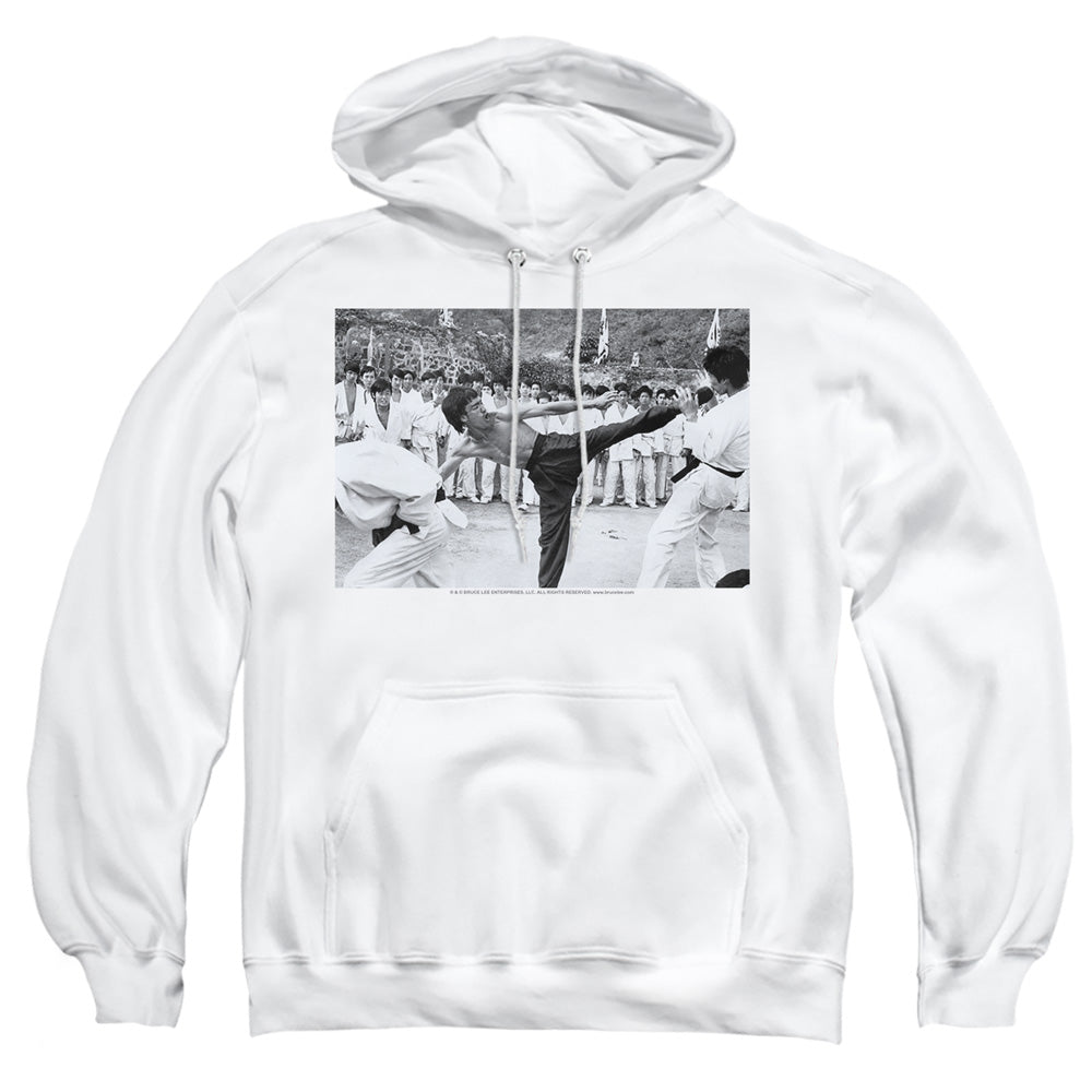 AN OFFCIALLY LICENSED BRUCE LEE KICK TO THE HEAD ADULT UNISEX PULLOVER HOODIE WHITE