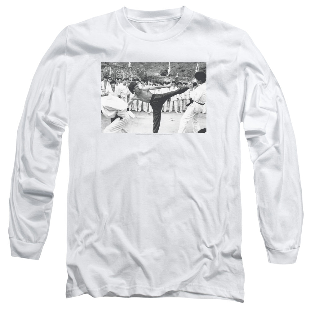 AN OFFCIALLY LICENSED BRUCE LEE KICK TO THE HEAD MEN'S LONG SLEEVE T-SHIRT WHITE
