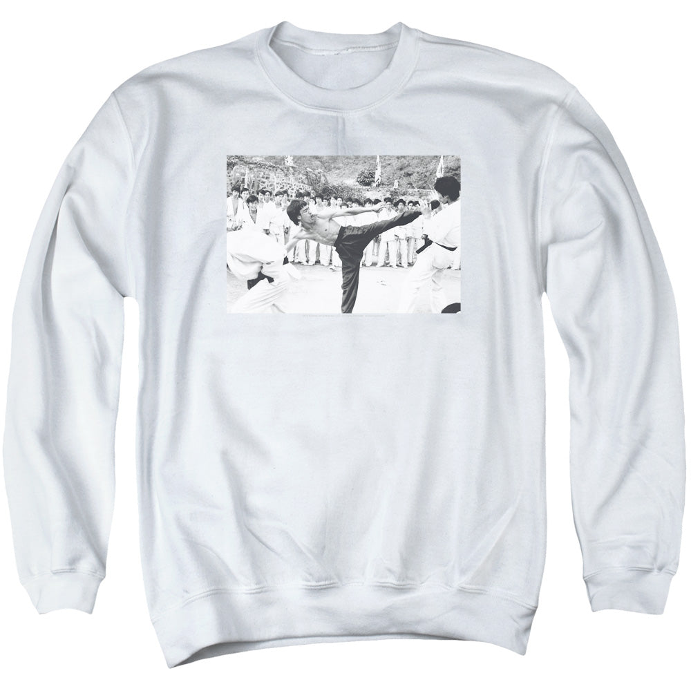 AN OFFCIALLY LICENSED BRUCE LEE KICK TO THE HEAD ADULT UNISEX CREWNECK SWEATSHIRT WHITE