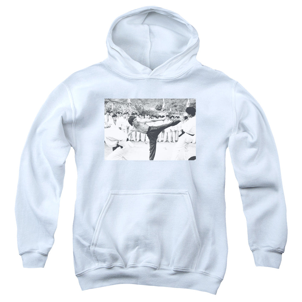 AN OFFCIALLY LICENSED BRUCE LEE KICK TO THE HEAD YOUTH HOODIE WHITE