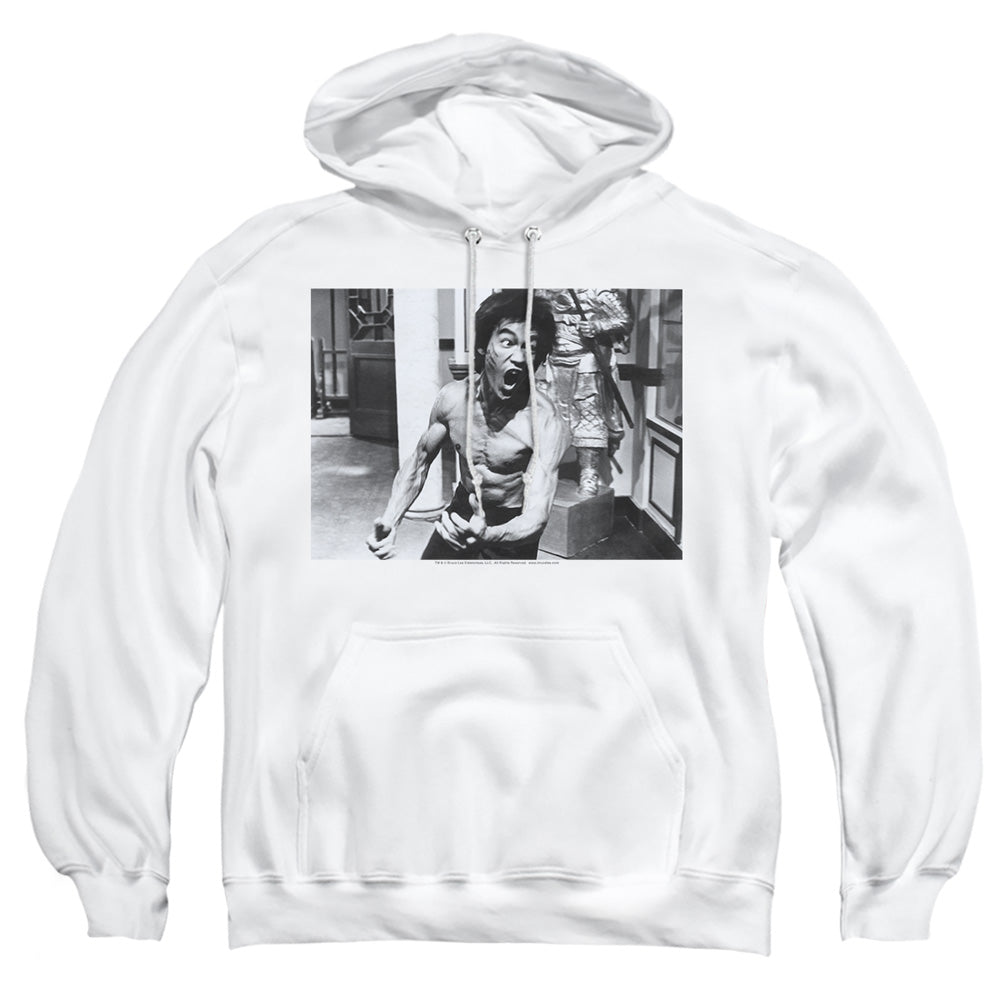 AN OFFCIALLY LICENSED BRUCE LEE FULL OF FURY ADULT UNISEX PULLOVER HOODIE WHITE