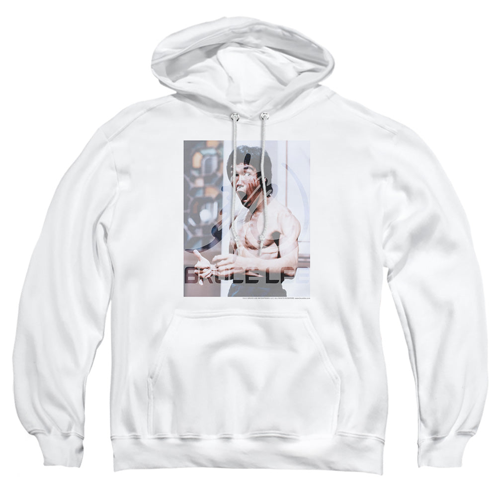 AN OFFCIALLY LICENSED BRUCE LEE REVVING UP ADULT UNISEX PULLOVER HOODIE WHITE