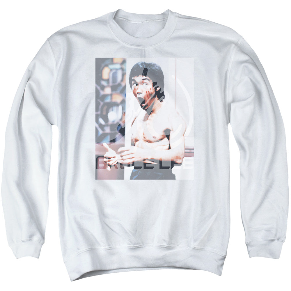 AN OFFCIALLY LICENSED BRUCE LEE REVVING UP ADULT UNISEX CREWNECK SWEATSHIRT WHITE