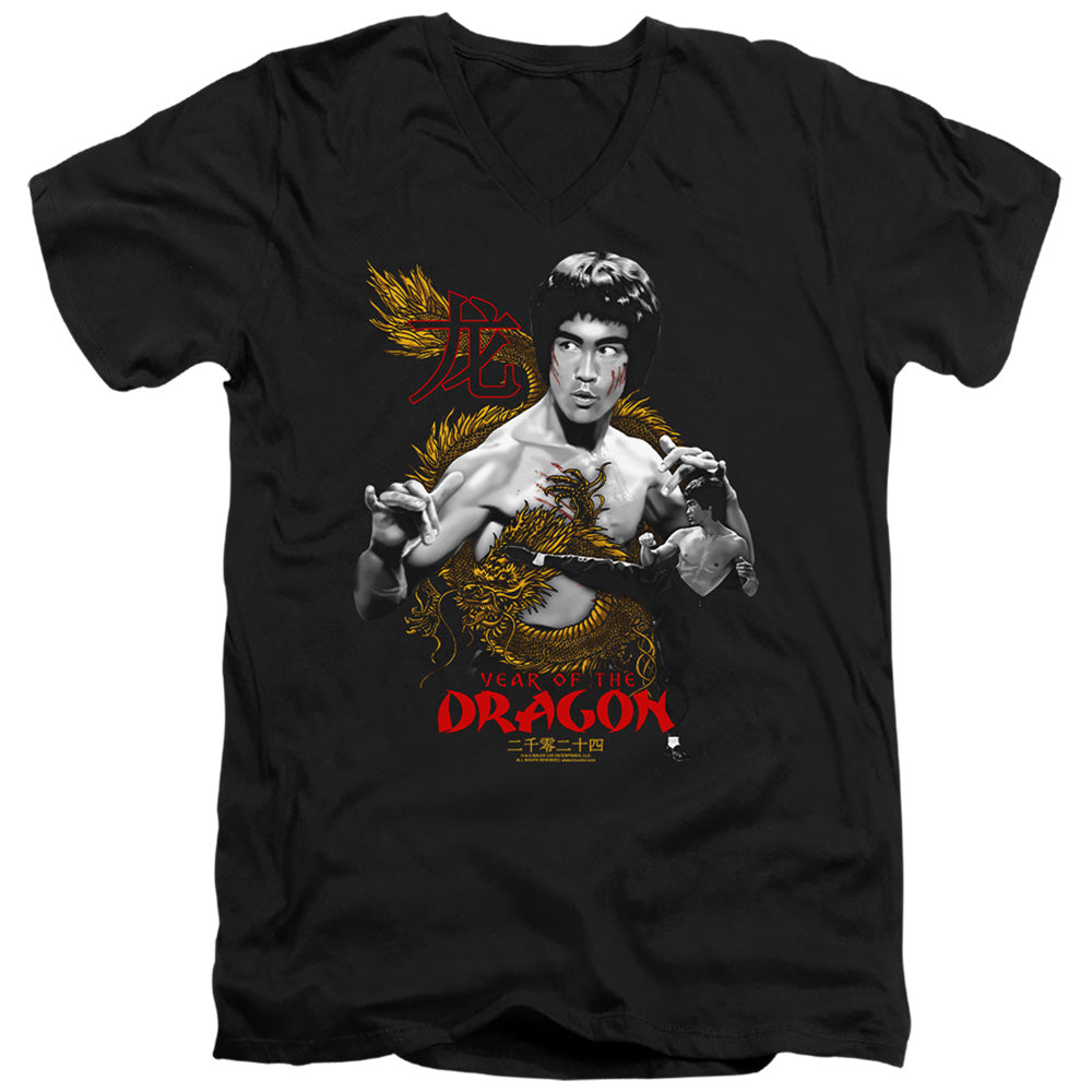 AN OFFCIALLY LICENSED BRUCE LEE GOLDEN YEAR OF THE DRAGON MEN'S V-NECK T-SHIRT BLACK