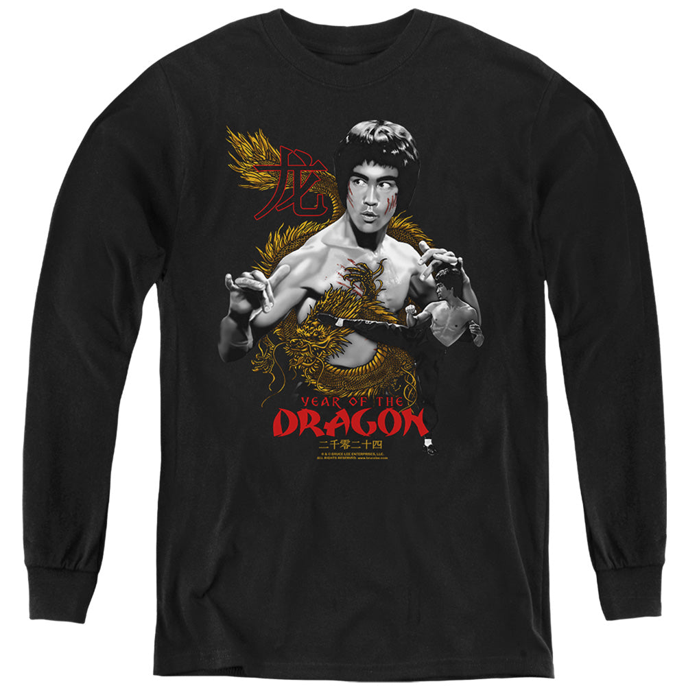 AN OFFCIALLY LICENSED BRUCE LEE GOLDEN YEAR OF THE DRAGON YOUTH LONG SLEEVE T-SHIRT BLACK