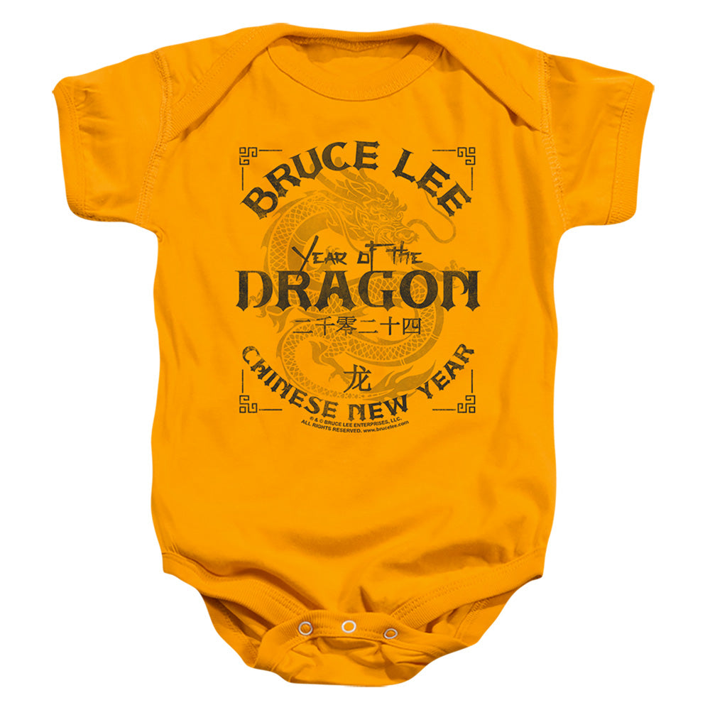 AN OFFCIALLY LICENSED BRUCE LEE TEXT YEAR OF THE DRAGON BABY BODYSUIT GOLD