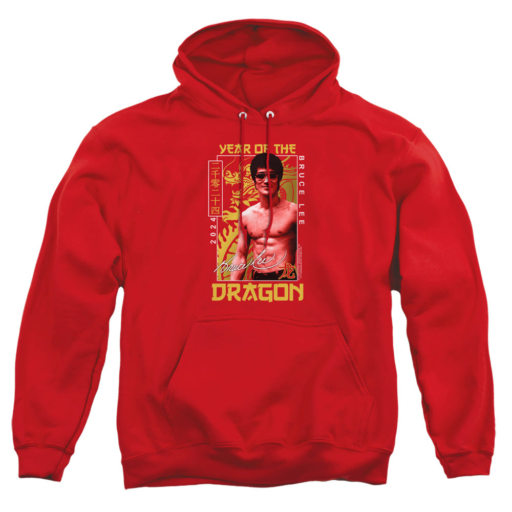 AN OFFCIALLY LICENSED BRUCE LEE FRAMED YEAR OF THE DRAGON ADULT UNISEX PULLOVER HOODIE RED
