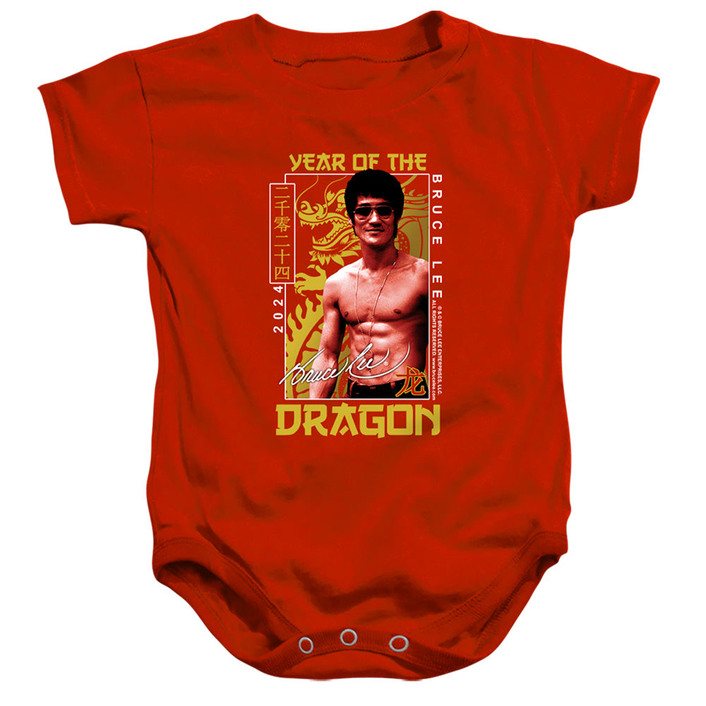 AN OFFCIALLY LICENSED BRUCE LEE FRAMED YEAR OF THE DRAGON BABY BODYSUIT RED