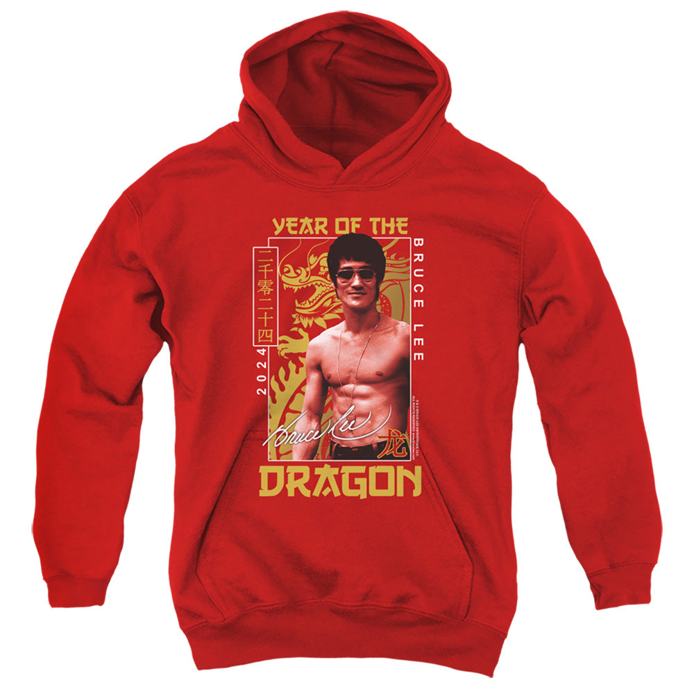 AN OFFCIALLY LICENSED BRUCE LEE FRAMED YEAR OF THE DRAGON YOUTH HOODIE RED