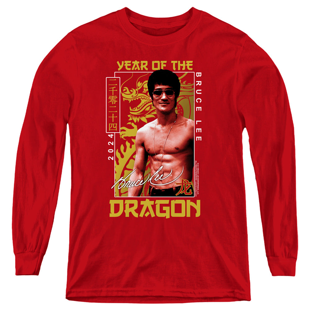 AN OFFCIALLY LICENSED BRUCE LEE FRAMED YEAR OF THE DRAGON YOUTH LONG SLEEVE T-SHIRT RED