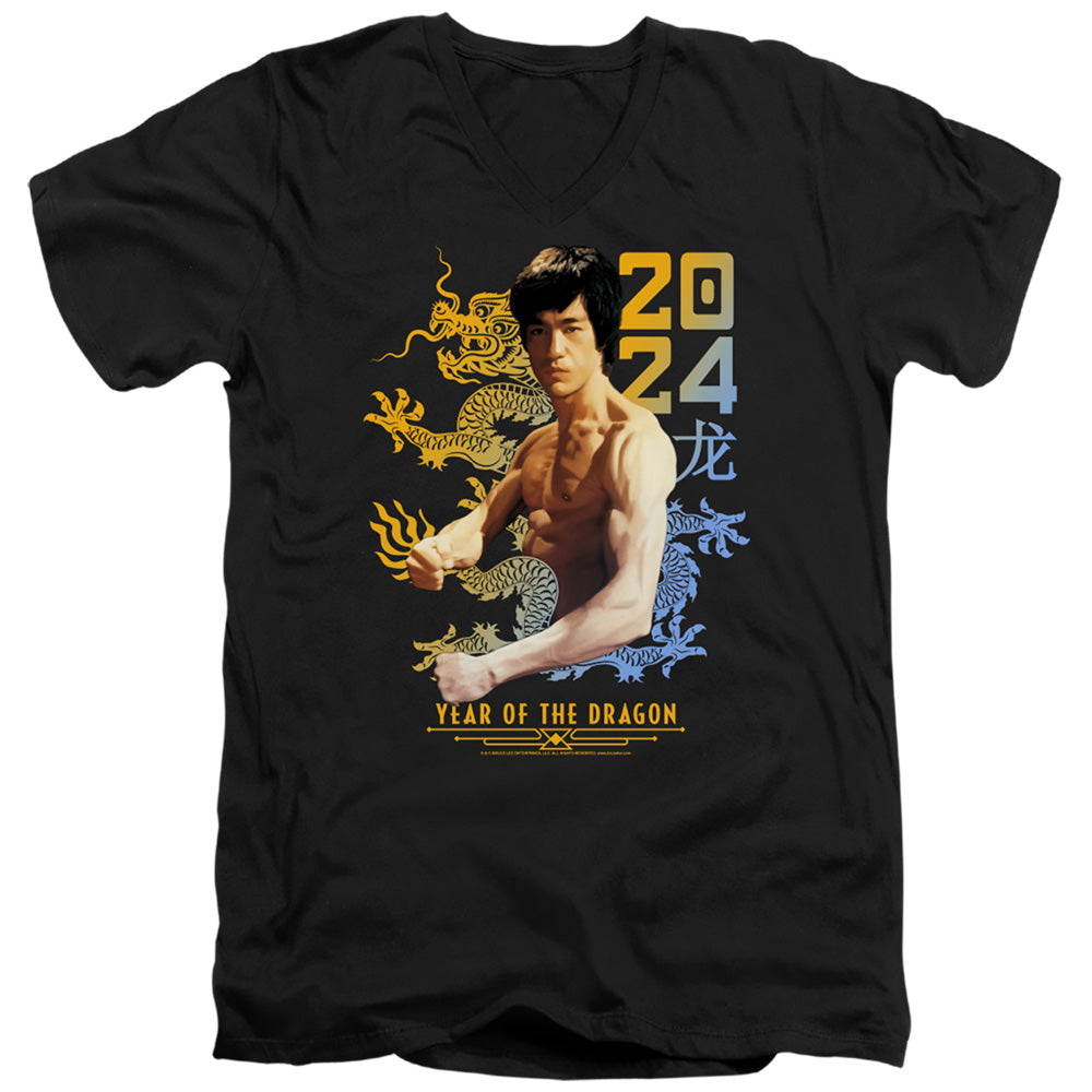 AN OFFCIALLY LICENSED BRUCE LEE TWO TONE YEAR OF THE DRAGON MEN'S V-NECK T-SHIRT BLACK
