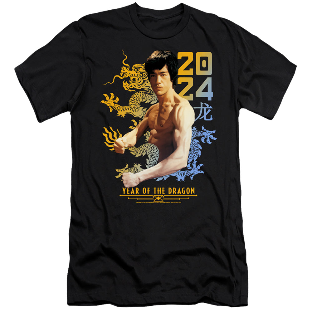 AN OFFCIALLY LICENSED BRUCE LEE TWO TONE YEAR OF THE DRAGON MEN'S PREMIUM SLIM FIT T-SHIRT BLACK