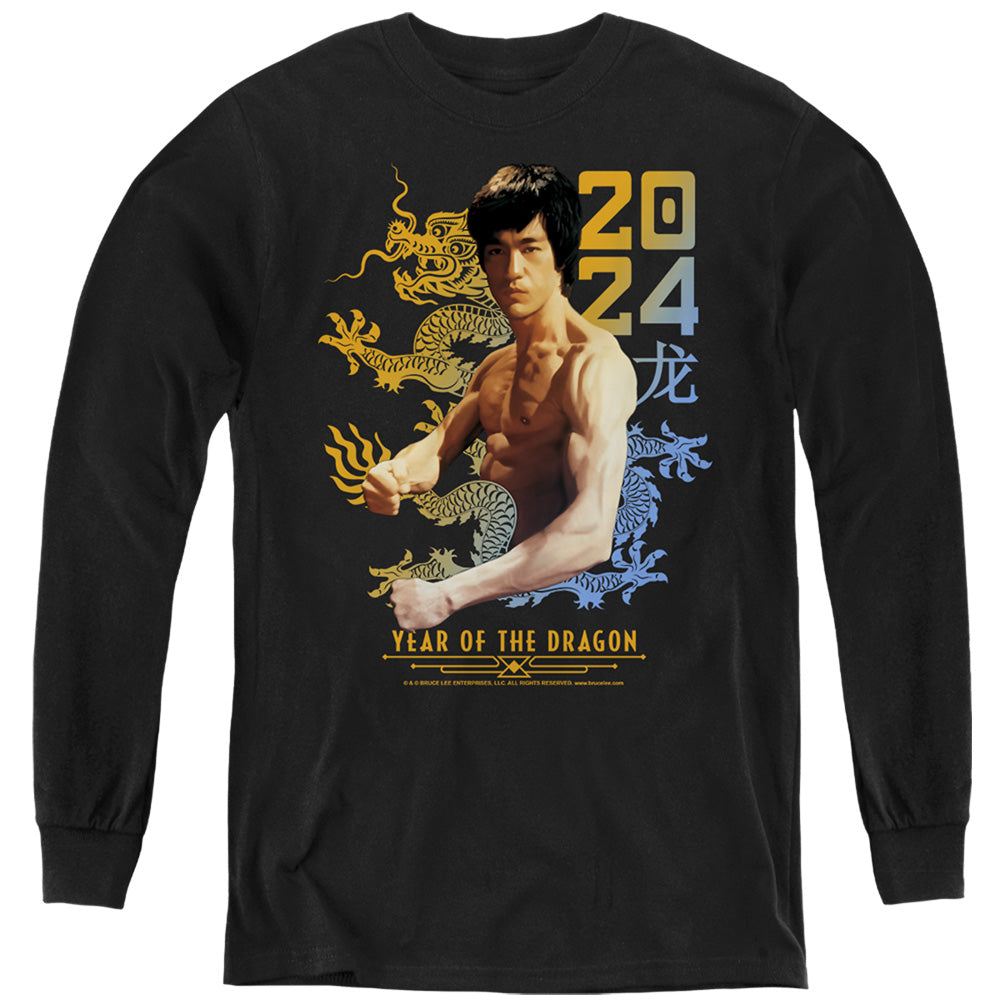 AN OFFCIALLY LICENSED BRUCE LEE TWO TONE YEAR OF THE DRAGON YOUTH LONG SLEEVE T-SHIRT BLACK