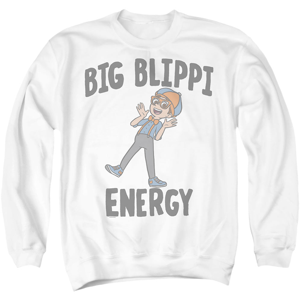 AN OFFCIALLY LICENSED BLIPPI BIG BLIPPI ENERGY ADULT UNISEX CREWNECK SWEATSHIRT WHITE