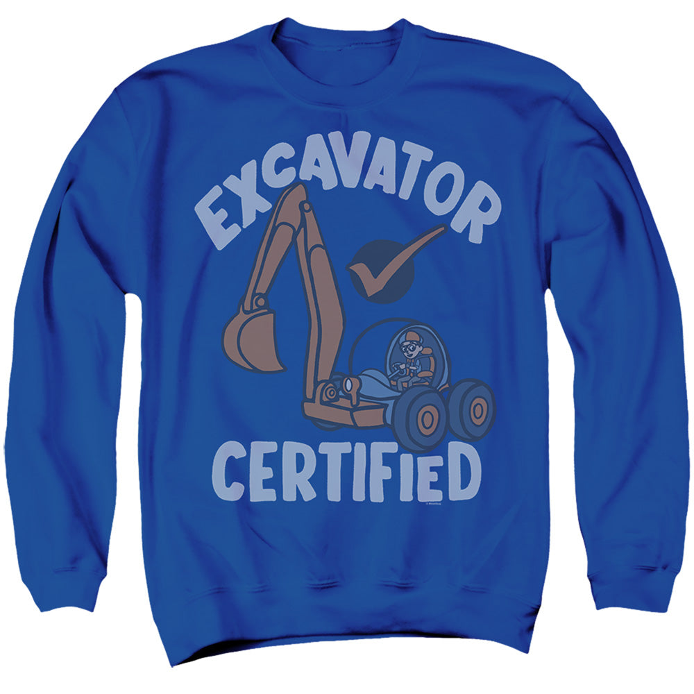 AN OFFCIALLY LICENSED BLIPPI EXCAVATOR CERTIFIED ADULT UNISEX CREWNECK SWEATSHIRT ROYAL