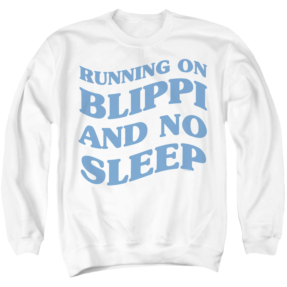AN OFFCIALLY LICENSED BLIPPI RUNNING ON BLIPPI AND NO SLEEP ADULT UNISEX CREWNECK SWEATSHIRT WHITE